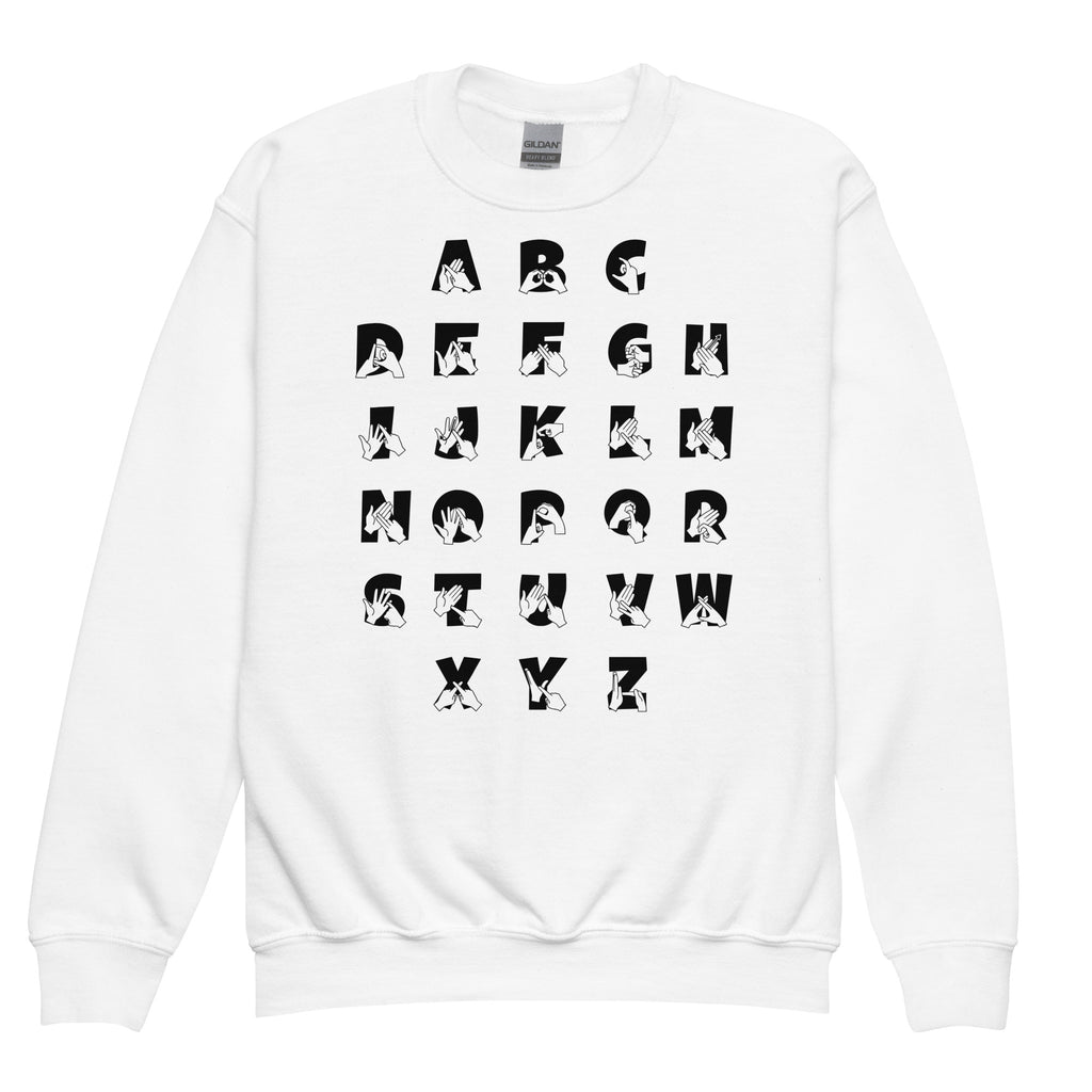 Front view of a white sweatshirt with BSL Alphabet - Black Fingerspelling & Text