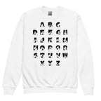 Front view of a white sweatshirt with BSL Alphabet - Black Fingerspelling & Text