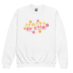 White sweatshirt with ‘Always Be Kind’ in BSL fingerspelling and text, accented by a floral design