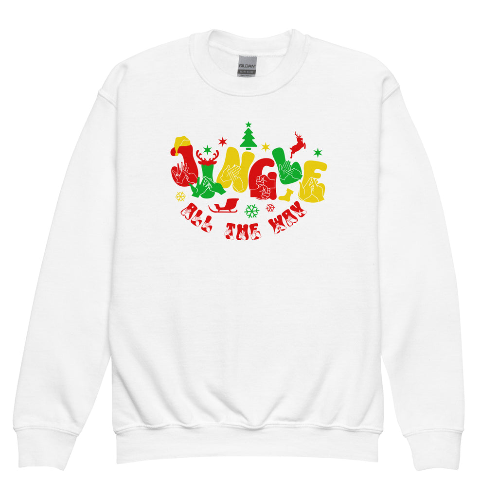 White coloured Jingle All The Way kids sweatshirt with BSL design.