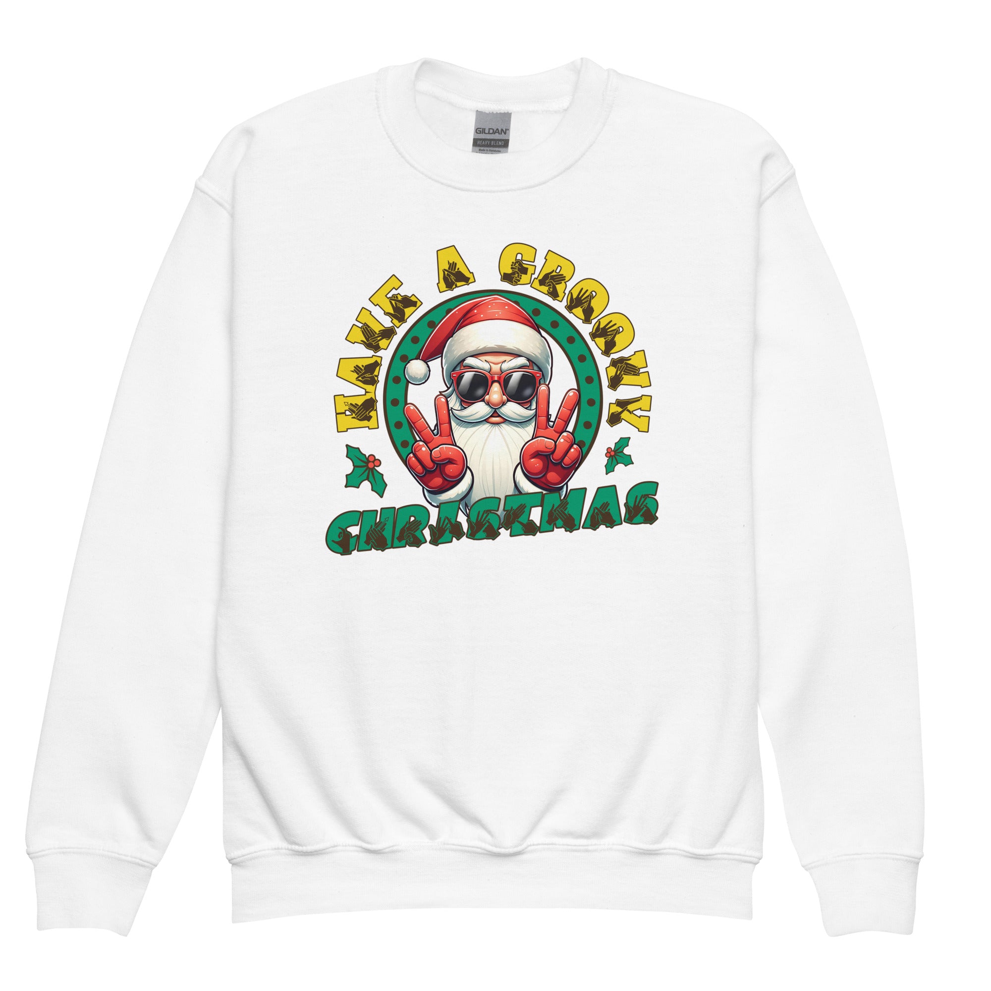 White coloured Have A Groovy Christmas kids sweatshirt with BSL design.