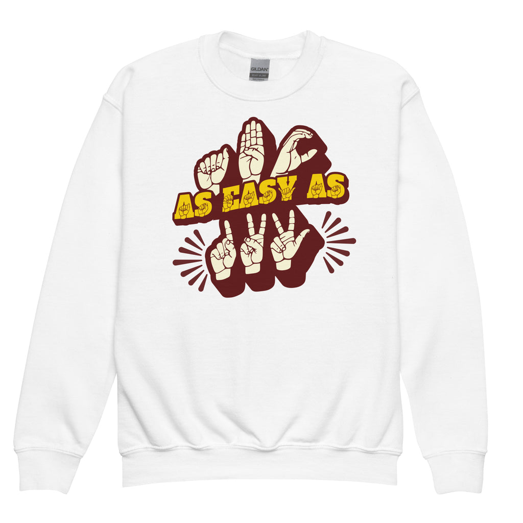 White sweatshirt with ‘ABC As Easy As 123’ in ASL fingerspelling and text characters
