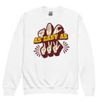 White sweatshirt with ‘ABC As Easy As 123’ in ASL fingerspelling and text characters