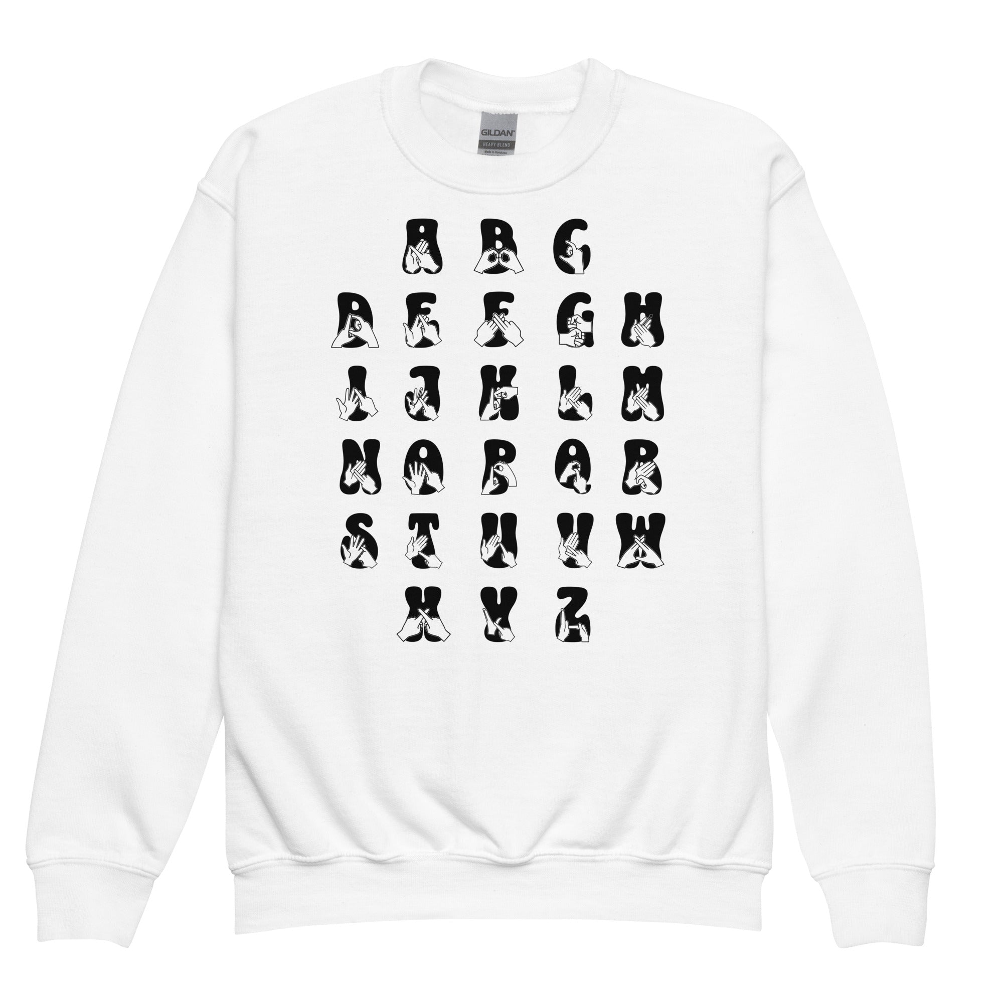 Front view of a white sweatshirt with BSL Alphabet - Black Fingerspelling & Text