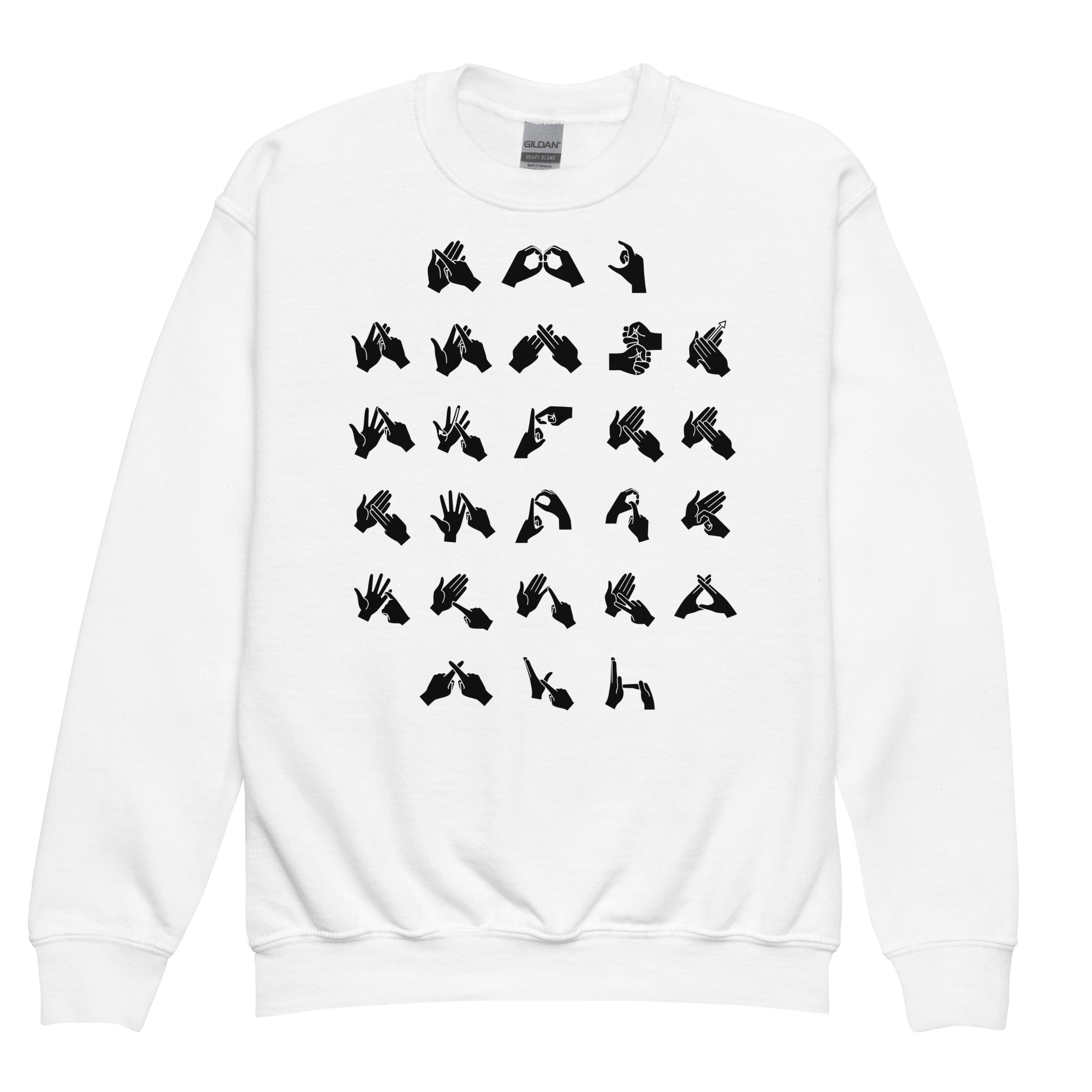 Front view of a white sweatshirt with BSL Alphabet - Black Fingerspelling