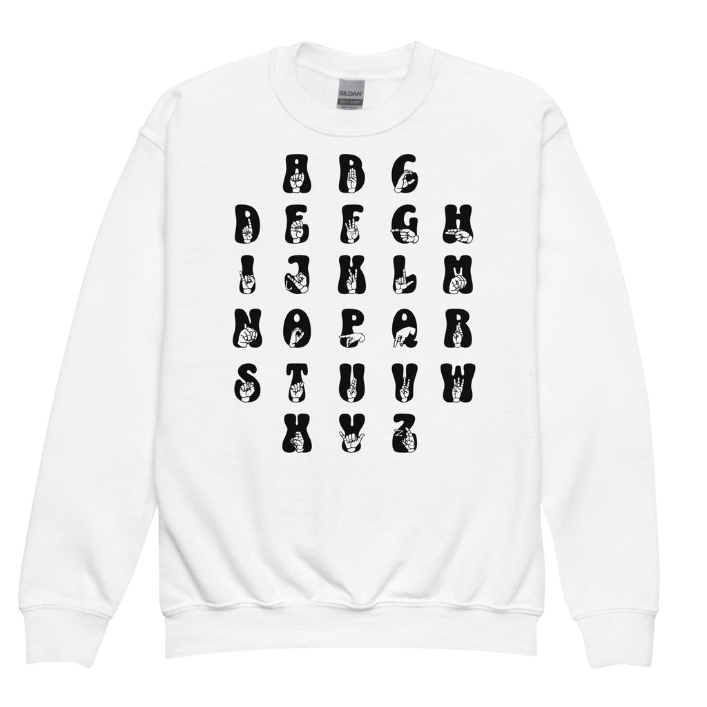 Front view of a white sweatshirt with ASL Alphabet - Black Fingerspelling & Text