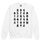 Front view of a white sweatshirt with ASL Alphabet - Black Fingerspelling & Text