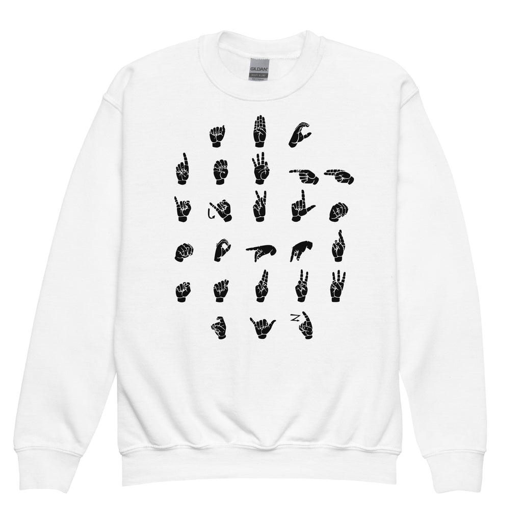 Front view of a white sweatshirt with ASL Alphabet - Black Fingerspelling