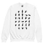 Front view of a white sweatshirt with ASL Alphabet - Black Fingerspelling
