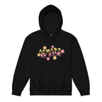 Black hoodie with ‘Always Be Kind’ in BSL fingerspelling and text, accented by a floral design