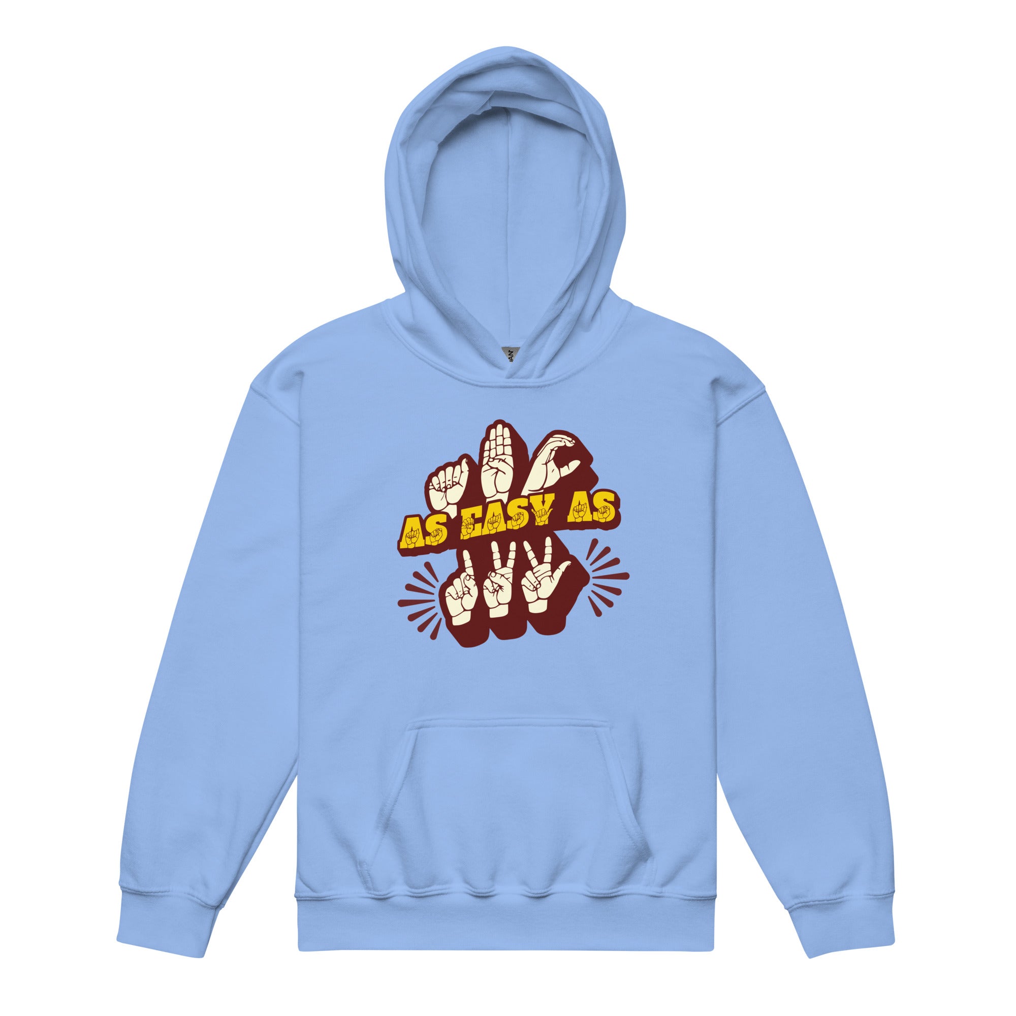 Carolina blue hoodie with ‘ABC As Easy As 123’ in ASL fingerspelling and text characters