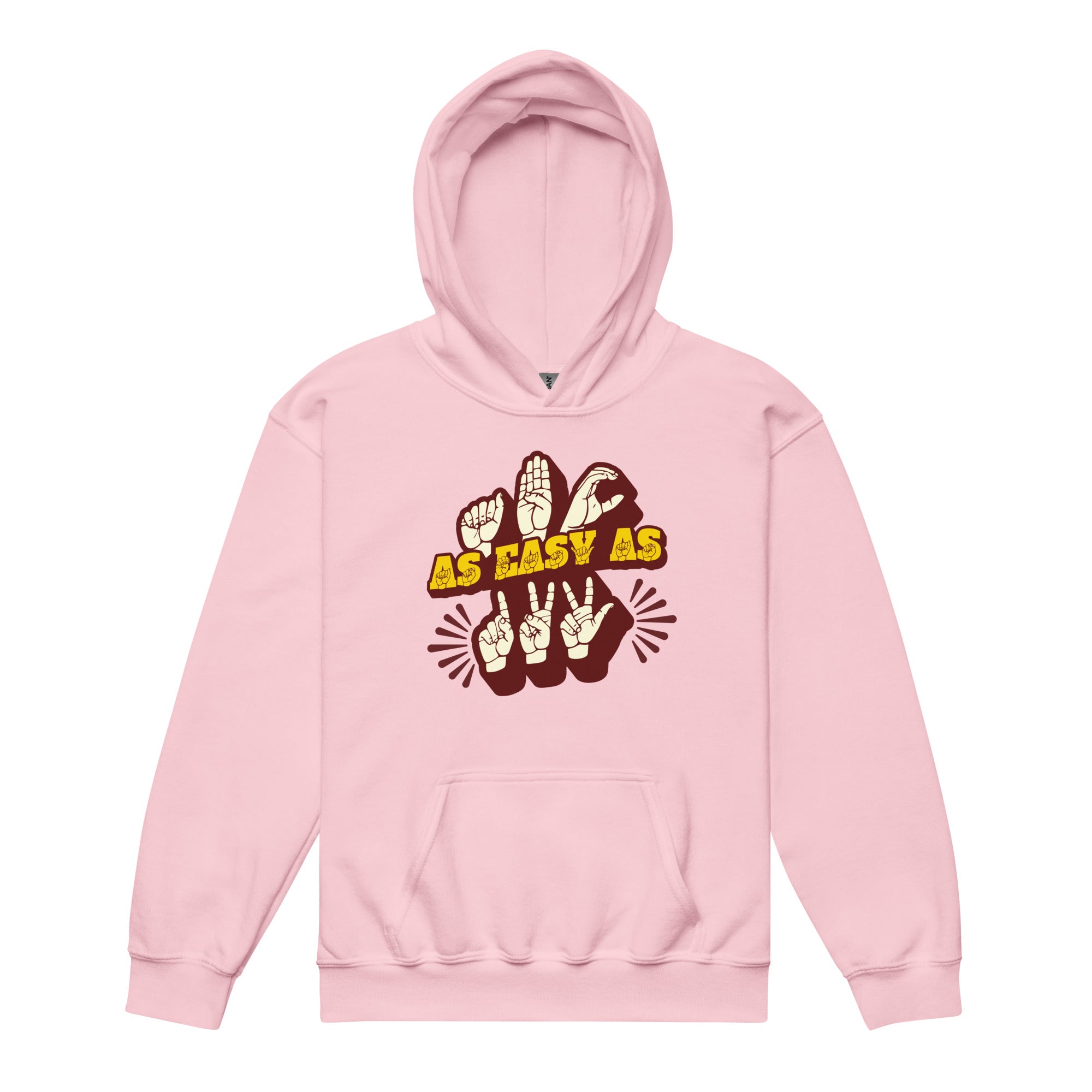 Light pink hoodie with ‘ABC As Easy As 123’ in ASL fingerspelling and text characters