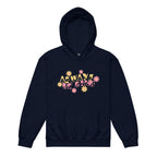 Navy hoodie with ‘Always Be Kind’ in BSL fingerspelling and text, accented by a floral design