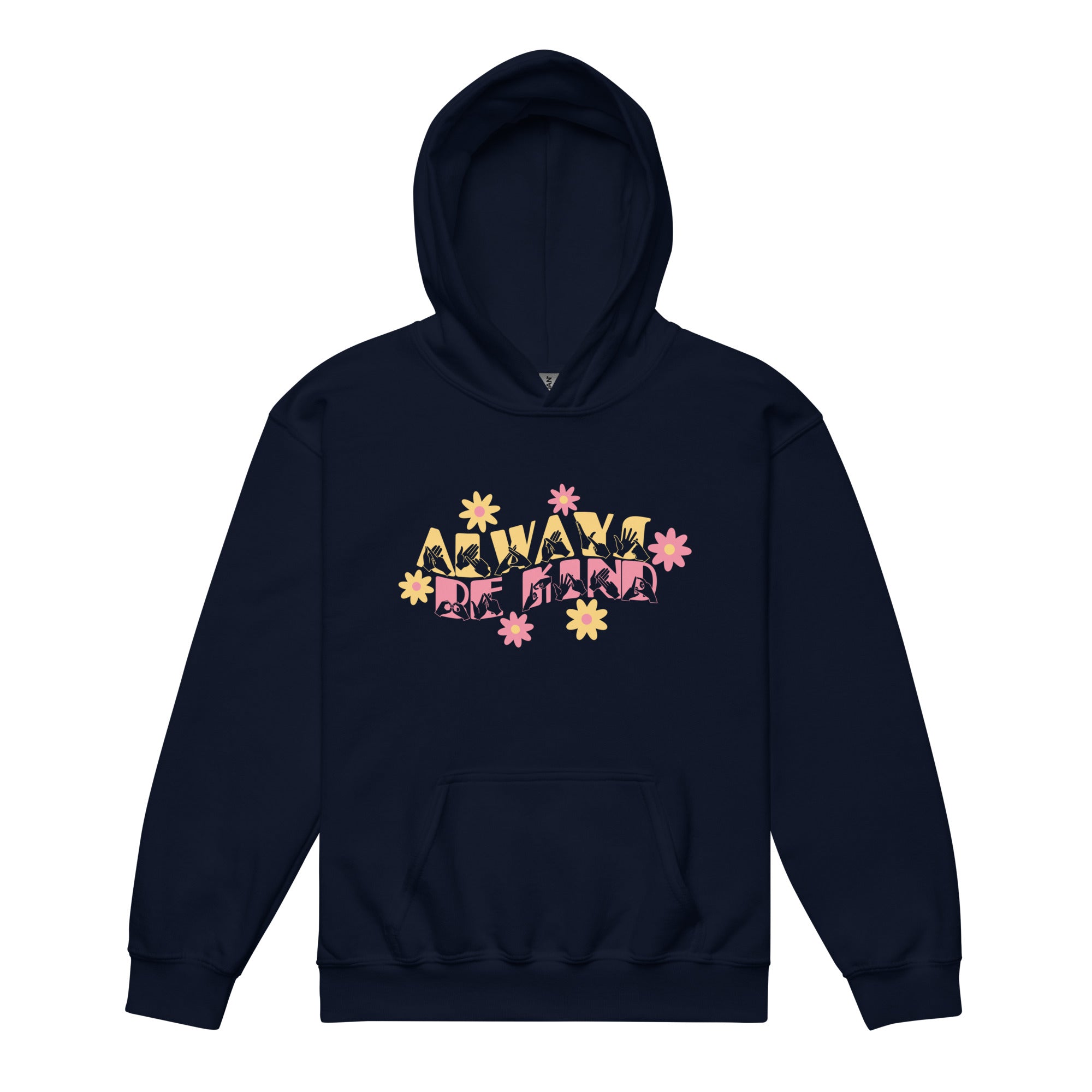 Navy hoodie with ‘Always Be Kind’ in BSL fingerspelling and text, accented by a floral design