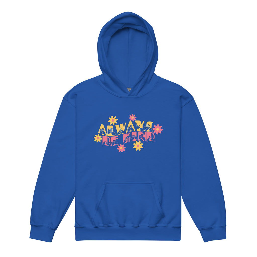 Royal hoodie with ‘Always Be Kind’ in BSL fingerspelling and text, accented by a floral design