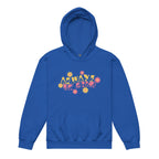 Royal hoodie with ‘Always Be Kind’ in BSL fingerspelling and text, accented by a floral design