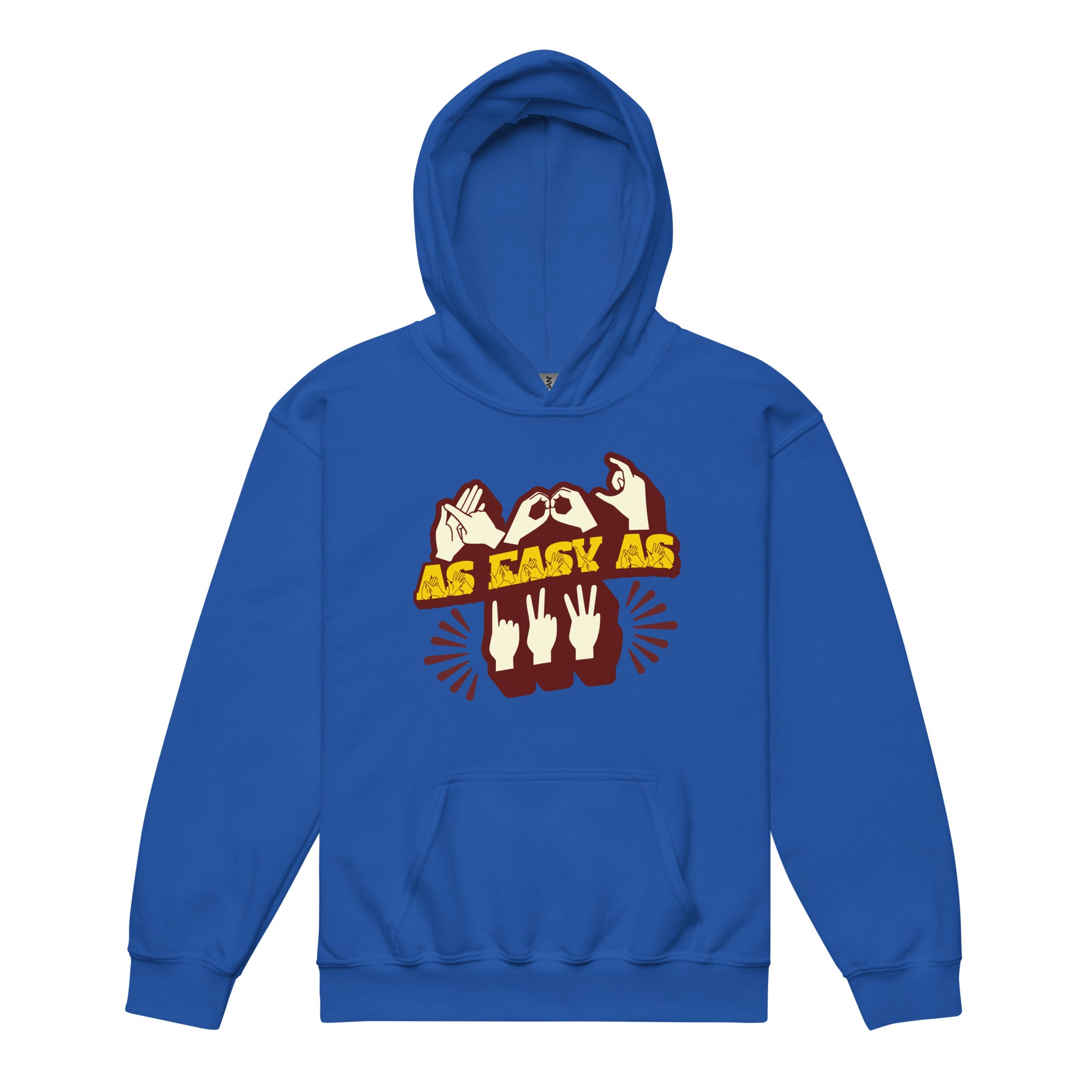 Royal hoodie with ‘ABC As Easy As 123’ in BSL fingerspelling and text characters