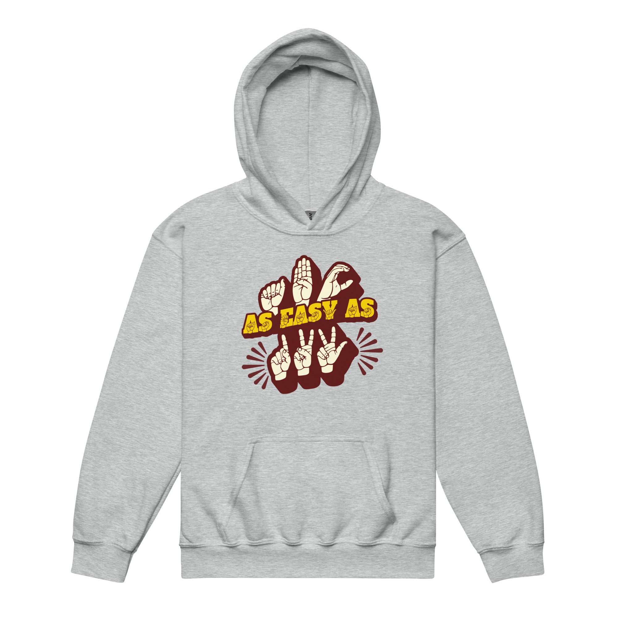 Sport grey hoodie with ‘ABC As Easy As 123’ in ASL fingerspelling and text characters