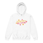 White hoodie with ‘Always Be Kind’ in BSL fingerspelling and text, accented by a floral design